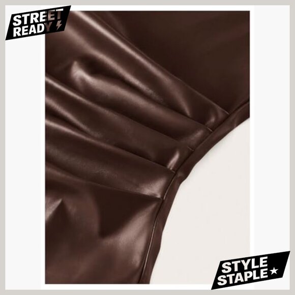 PU Leather Mock Neck Pleated Asymmetrical Sleeveless Fitted Tank Top - Picture 4 of 5